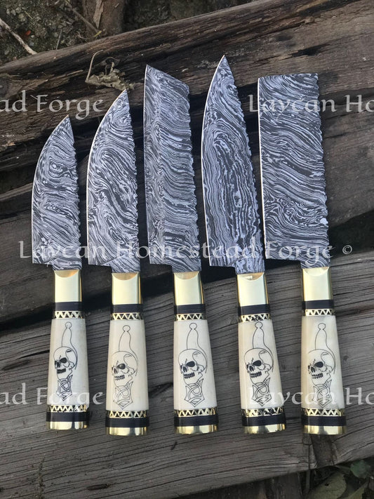 Damascus Handmade Skull Marking Logo 5 Pcs Chef Knife Set